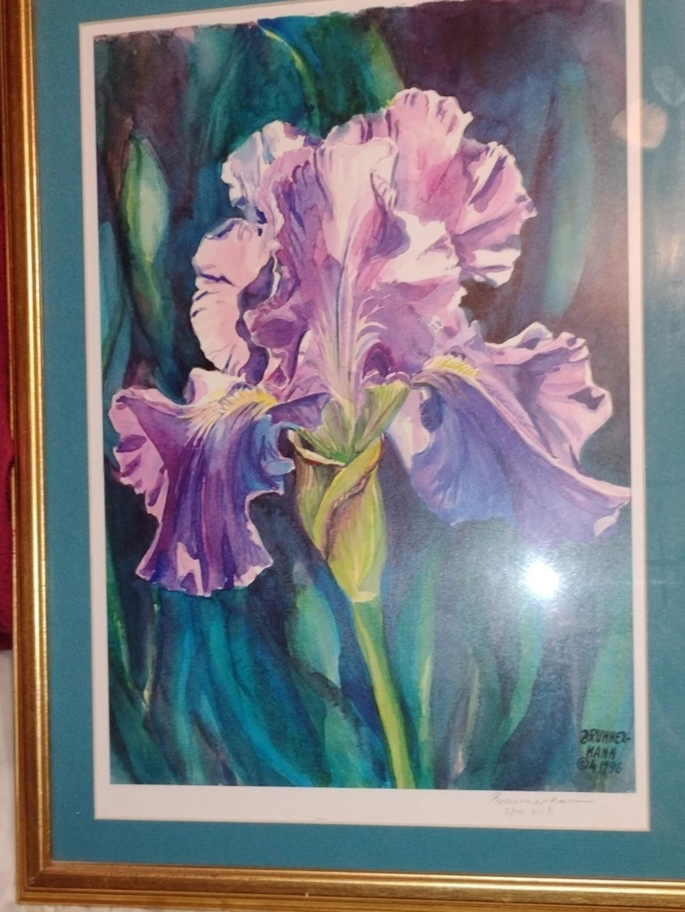 Framed Floral Iris Print Purple & Blue Original Watercolor Painting Print